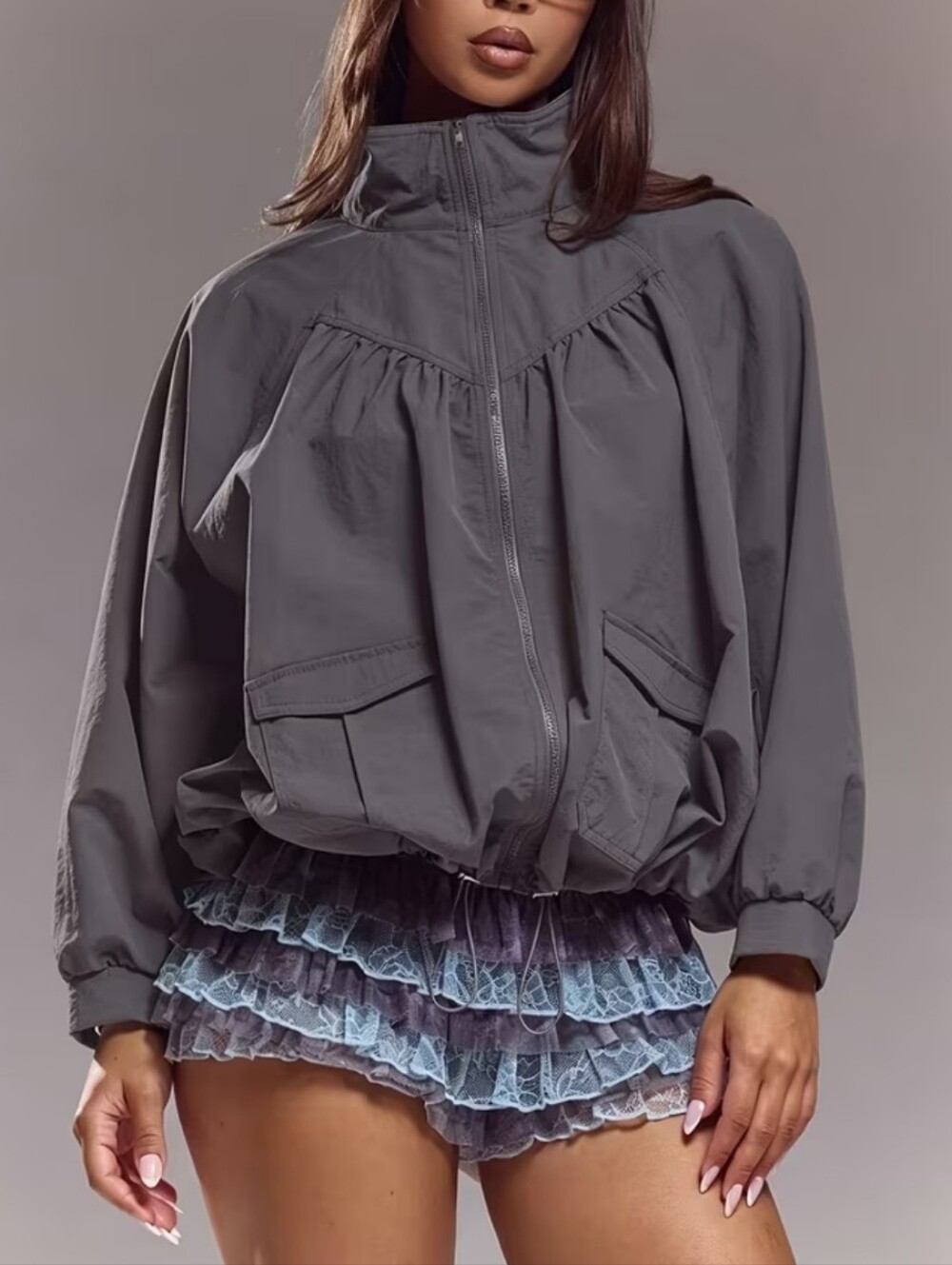 Gray High-Neck Windbreaker Jacket - Women's